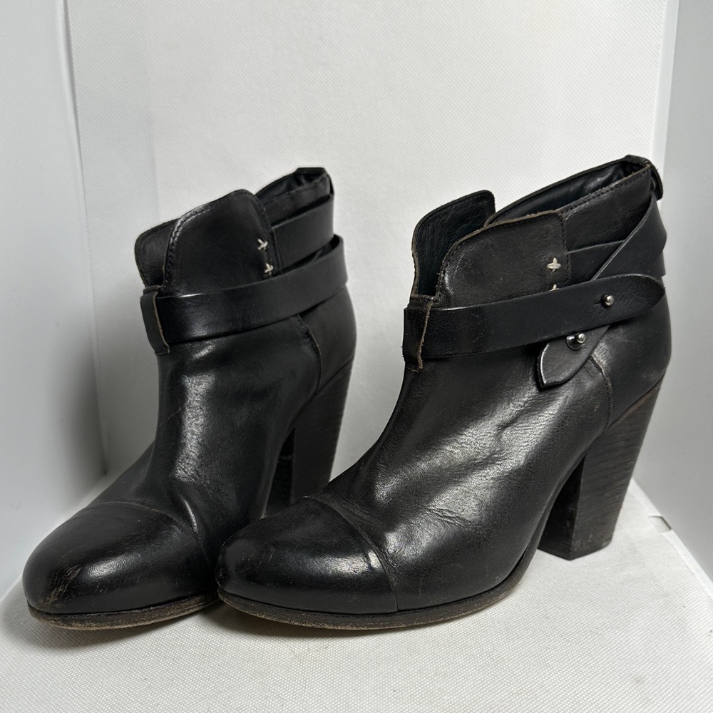 rag & bone Black Harrow Leather Heeled Ankle Boots with Strap Detail Size EU 38